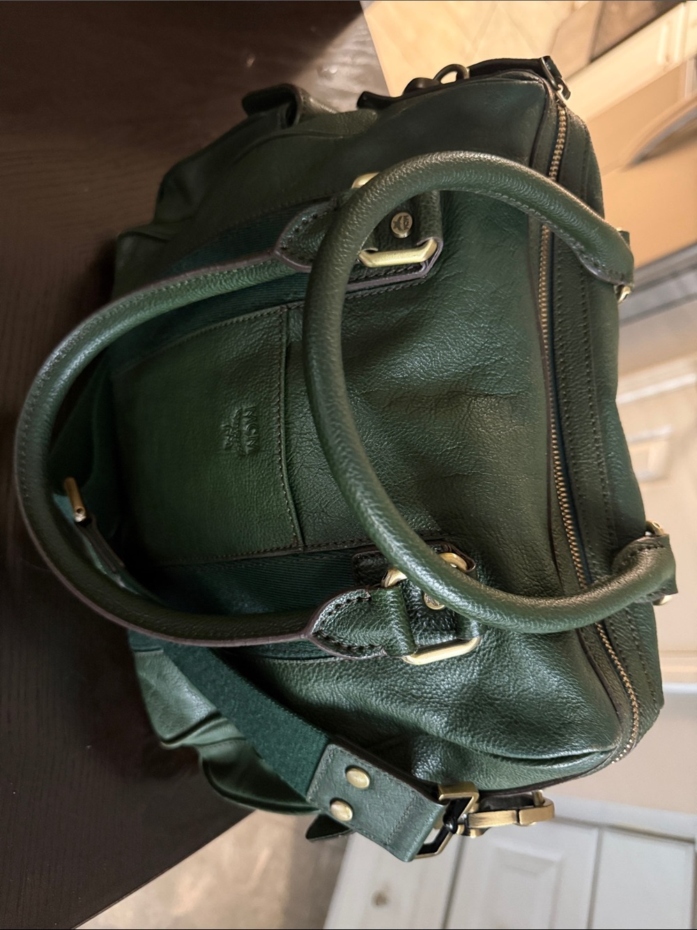 MCM Dark Green Leather Satchel with Removable Canvas Strap - Picture 13 of 16